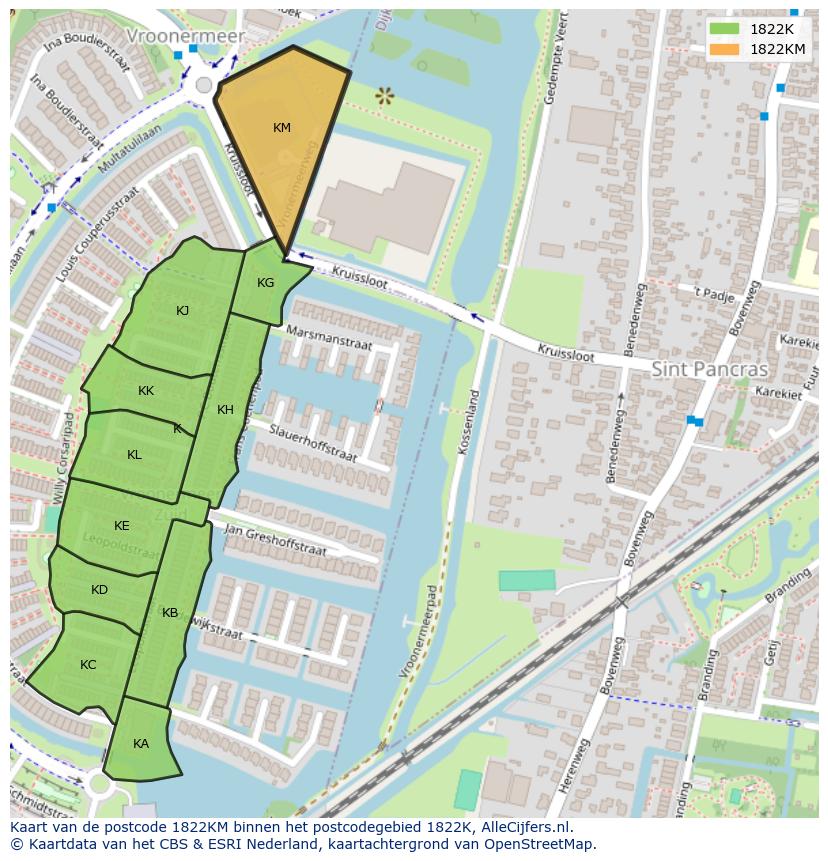 Afbeelding van het postcodegebied 1822 KM op de kaart.