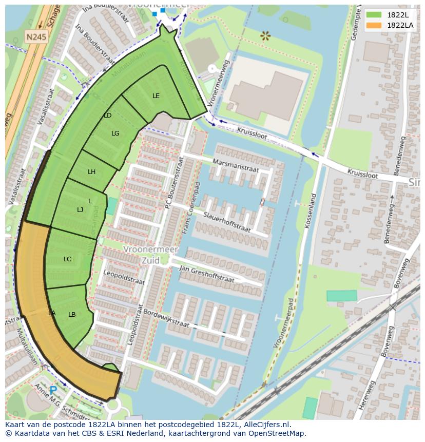 Afbeelding van het postcodegebied 1822 LA op de kaart.