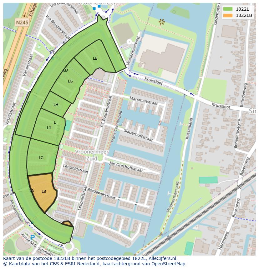 Afbeelding van het postcodegebied 1822 LB op de kaart.
