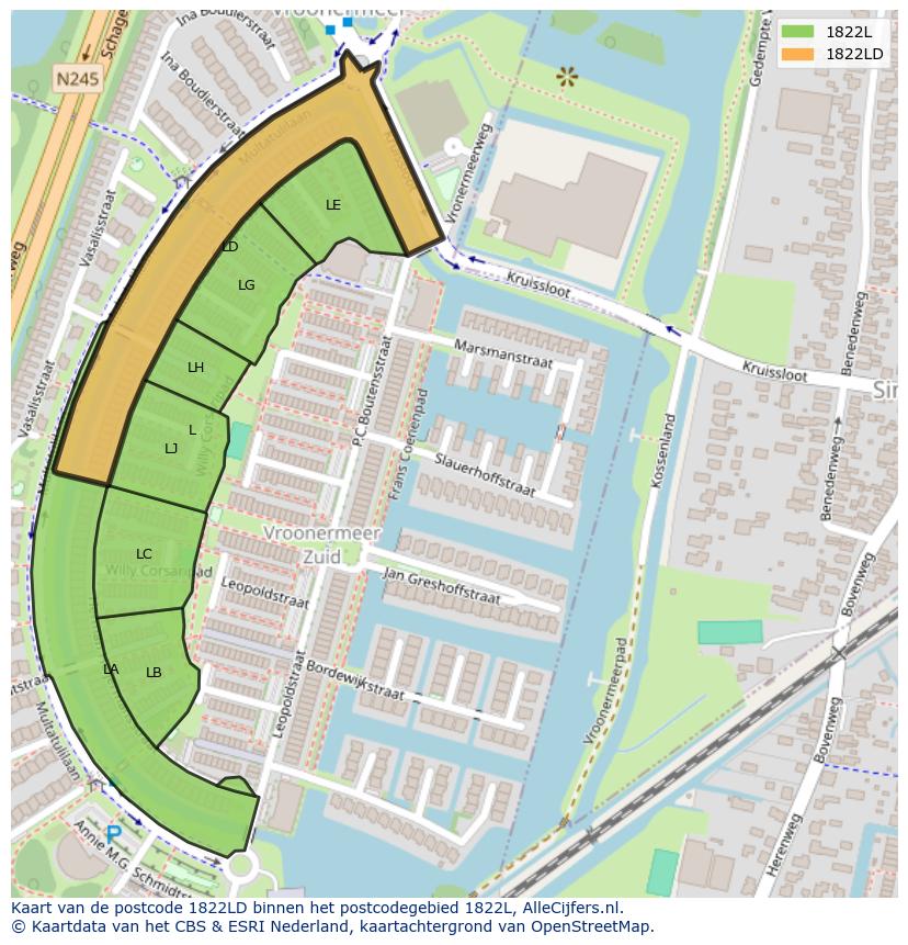 Afbeelding van het postcodegebied 1822 LD op de kaart.