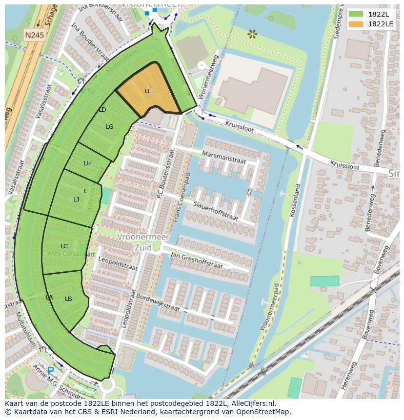 Afbeelding van het postcodegebied 1822 LE op de kaart.