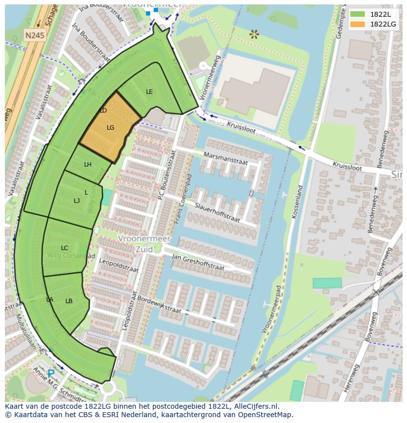 Afbeelding van het postcodegebied 1822 LG op de kaart.