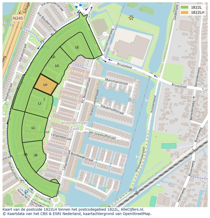 Afbeelding van het postcodegebied 1822 LH op de kaart.
