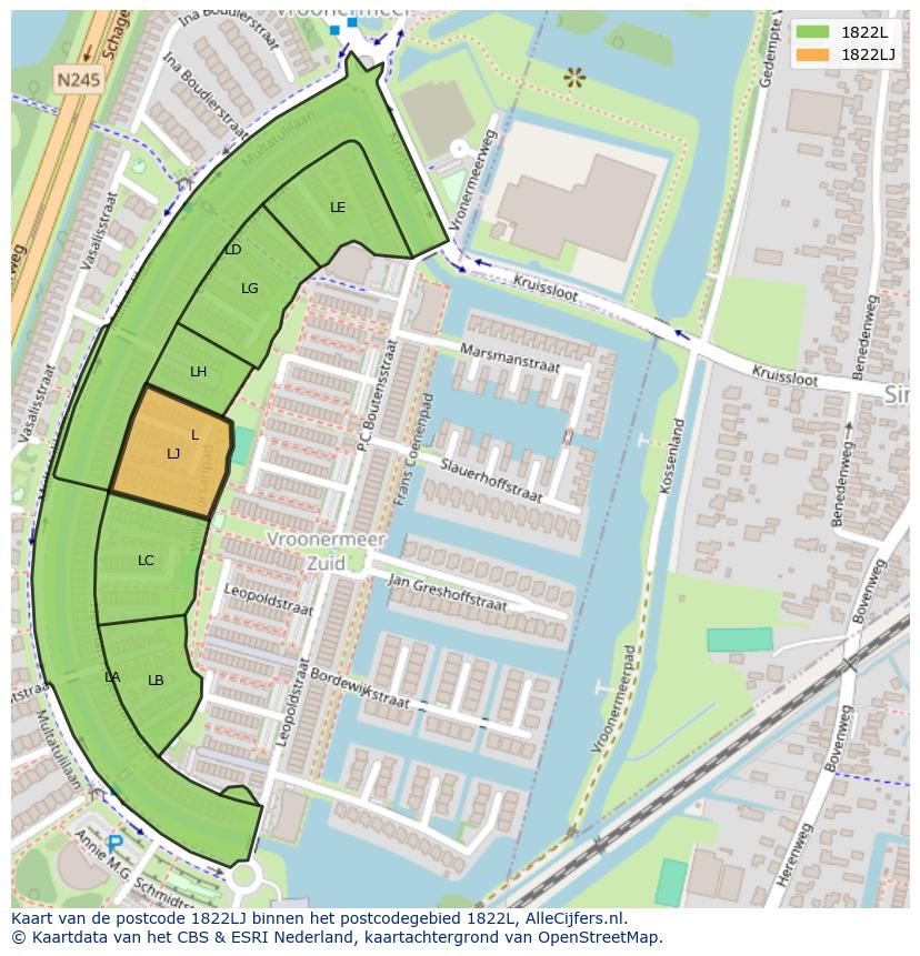 Afbeelding van het postcodegebied 1822 LJ op de kaart.