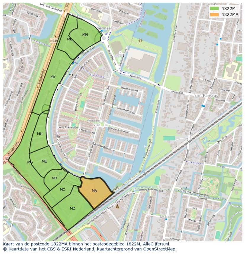 Afbeelding van het postcodegebied 1822 MA op de kaart.