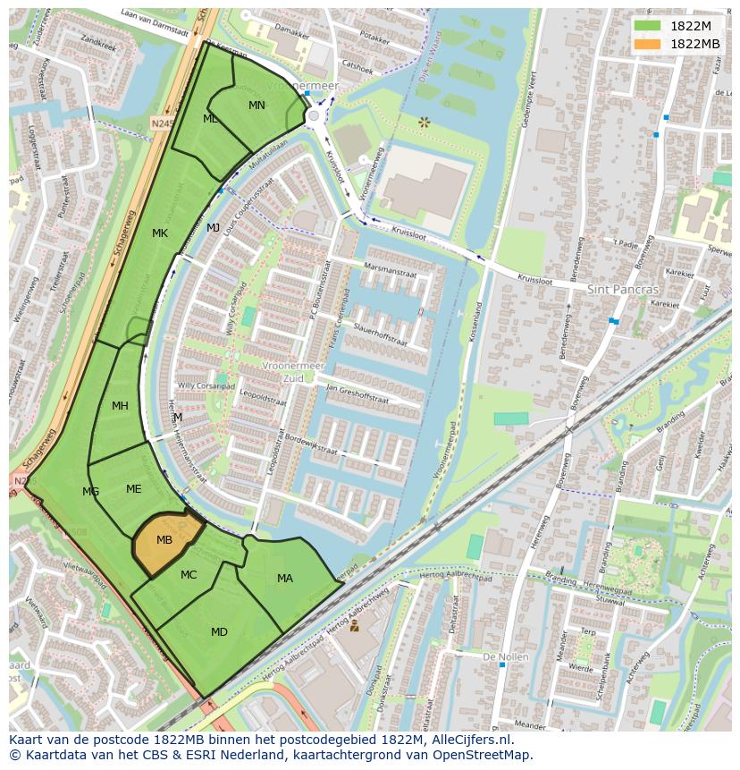 Afbeelding van het postcodegebied 1822 MB op de kaart.