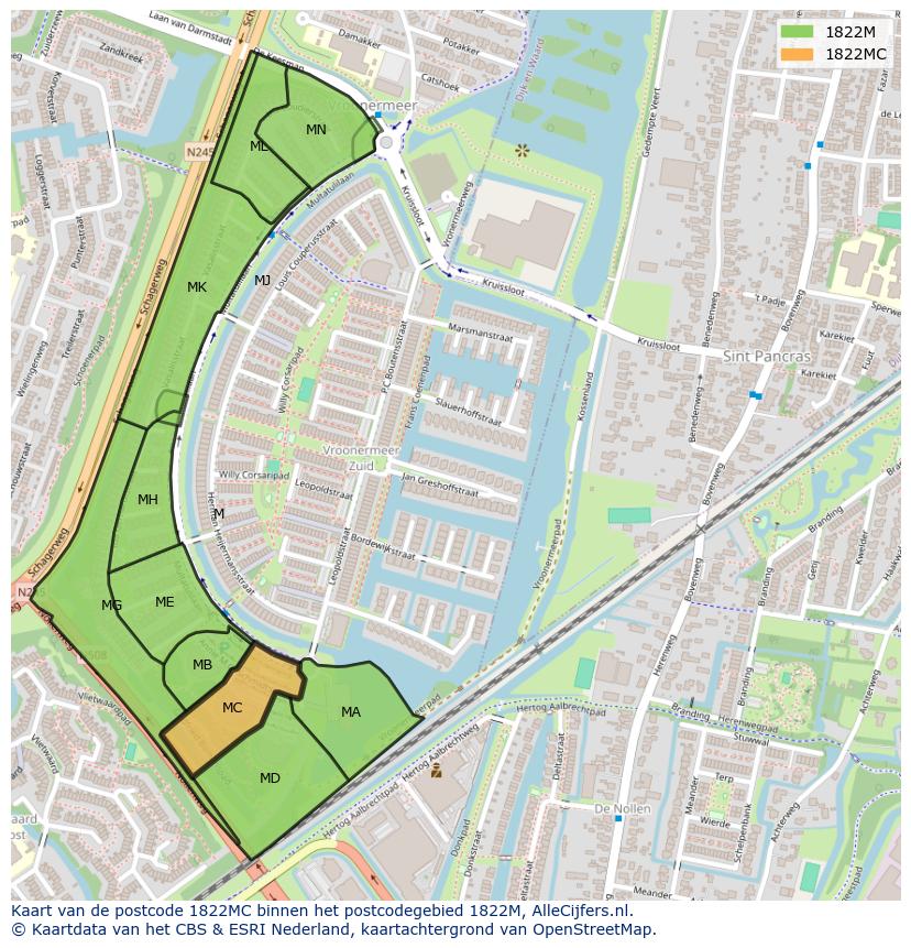 Afbeelding van het postcodegebied 1822 MC op de kaart.