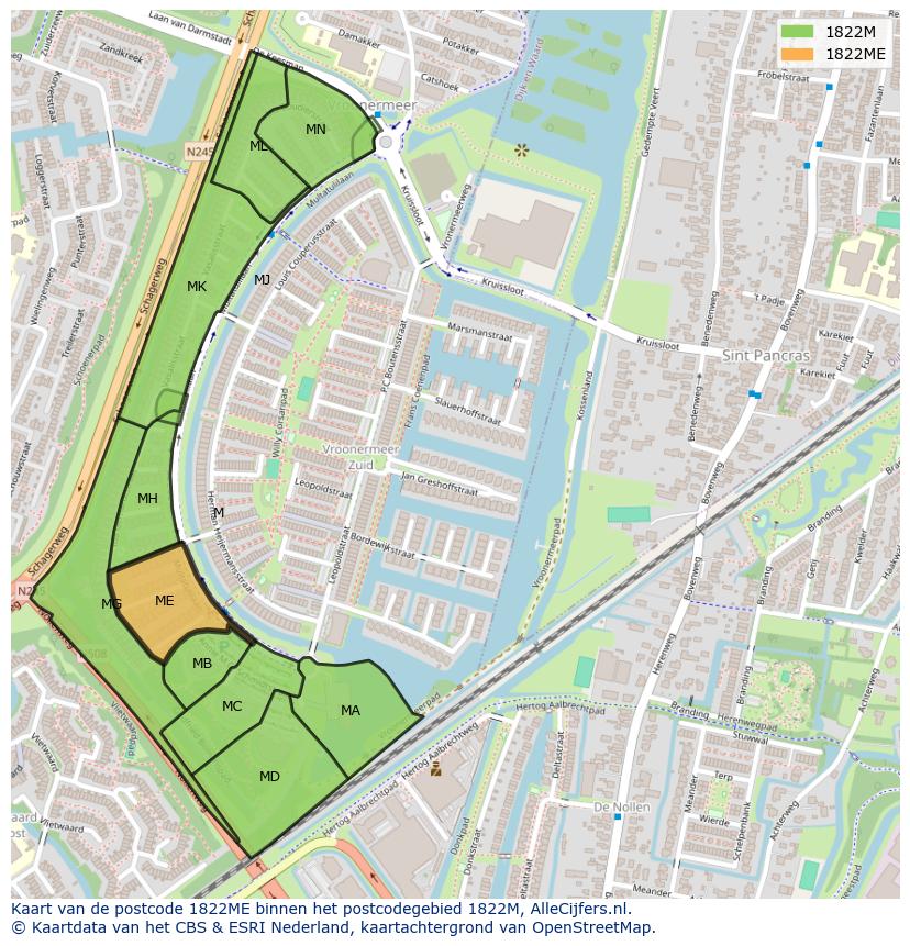 Afbeelding van het postcodegebied 1822 ME op de kaart.