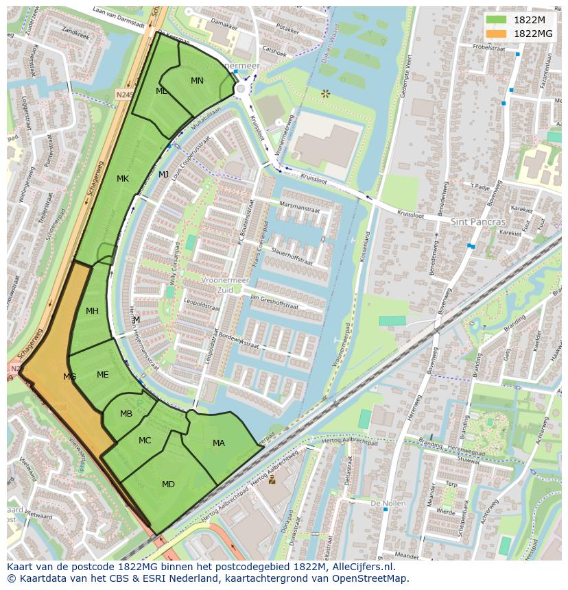 Afbeelding van het postcodegebied 1822 MG op de kaart.