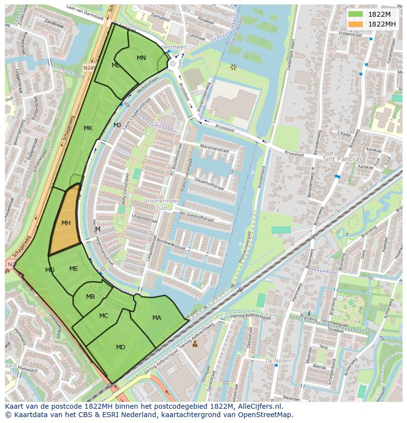 Afbeelding van het postcodegebied 1822 MH op de kaart.