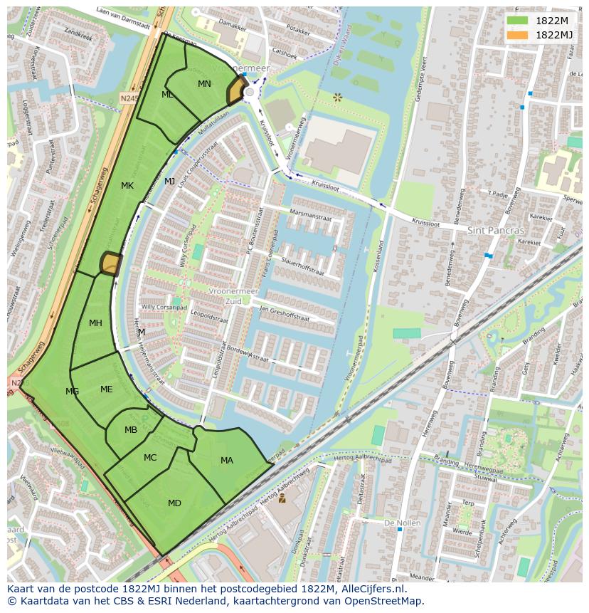Afbeelding van het postcodegebied 1822 MJ op de kaart.