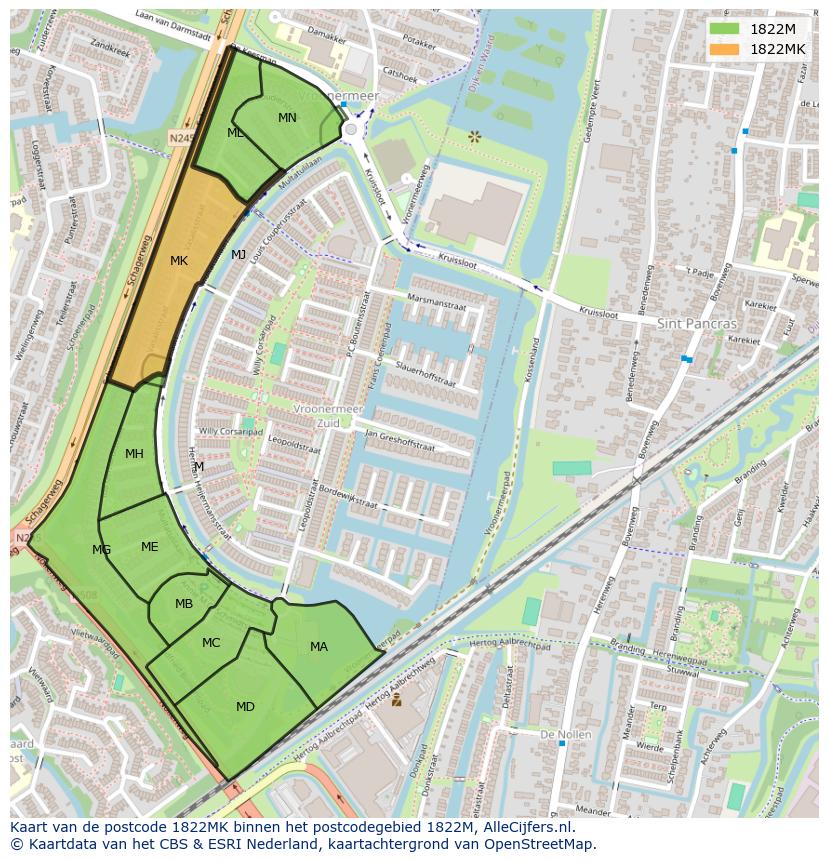 Afbeelding van het postcodegebied 1822 MK op de kaart.