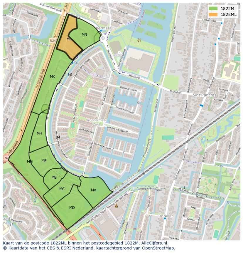 Afbeelding van het postcodegebied 1822 ML op de kaart.