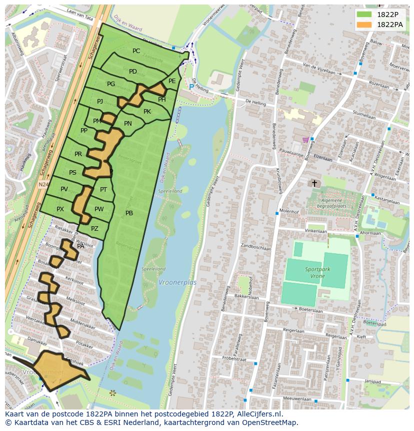 Afbeelding van het postcodegebied 1822 PA op de kaart.