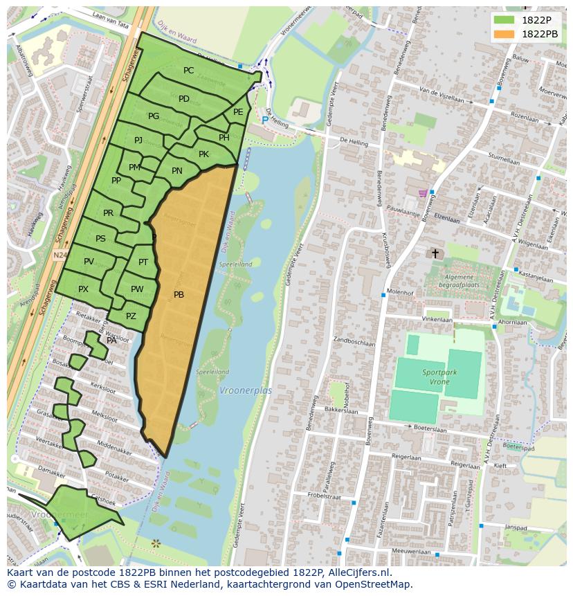 Afbeelding van het postcodegebied 1822 PB op de kaart.