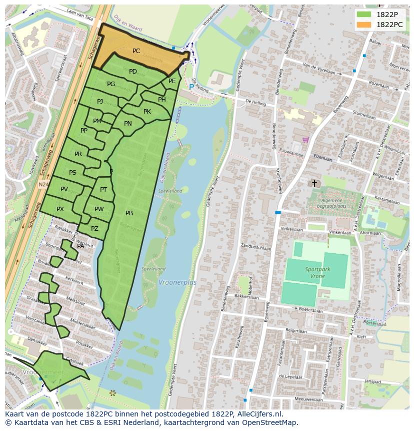 Afbeelding van het postcodegebied 1822 PC op de kaart.