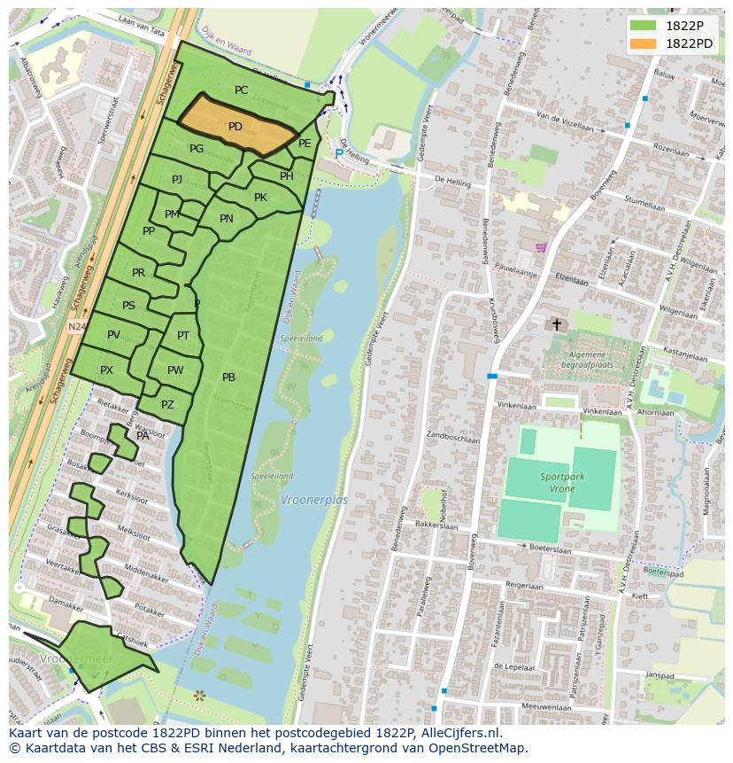 Afbeelding van het postcodegebied 1822 PD op de kaart.