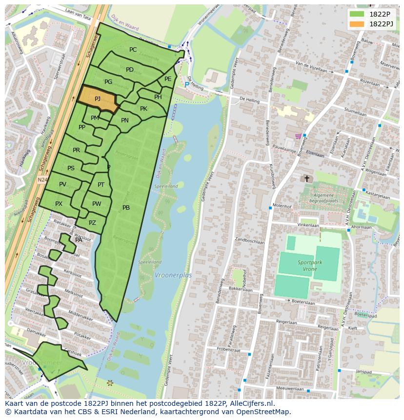 Afbeelding van het postcodegebied 1822 PJ op de kaart.