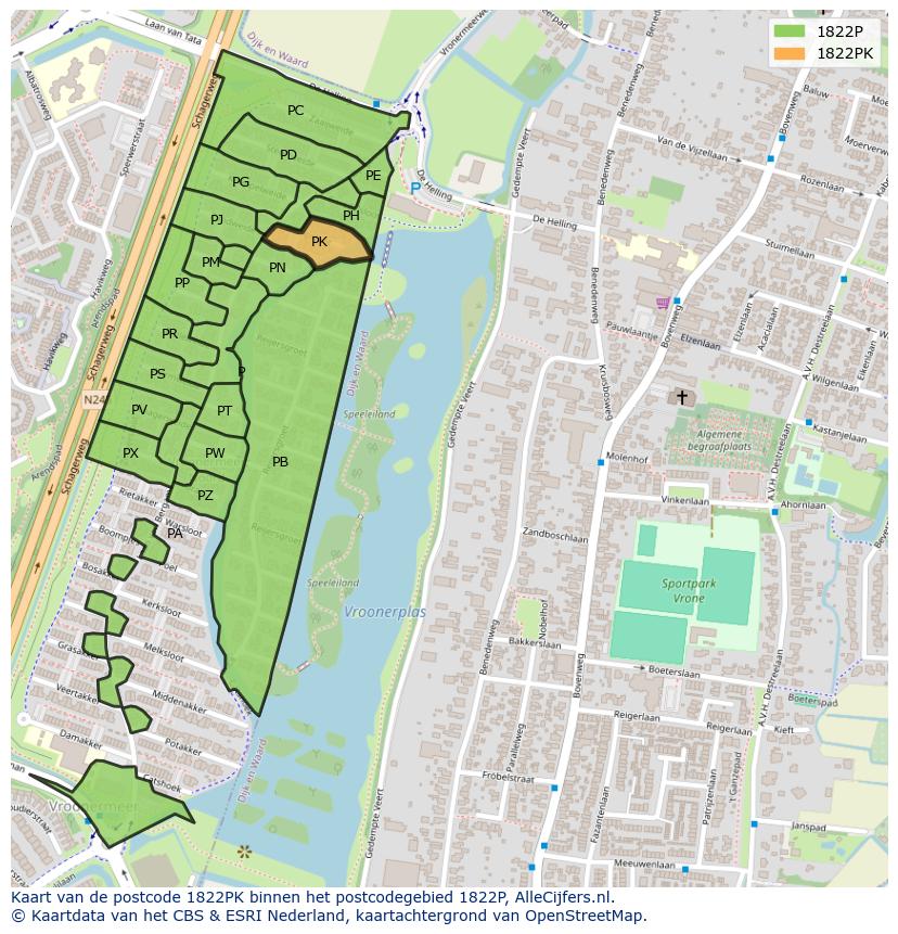 Afbeelding van het postcodegebied 1822 PK op de kaart.