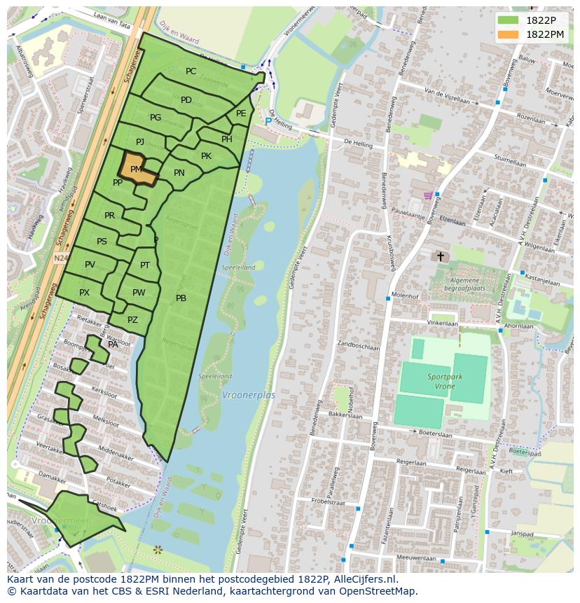 Afbeelding van het postcodegebied 1822 PM op de kaart.