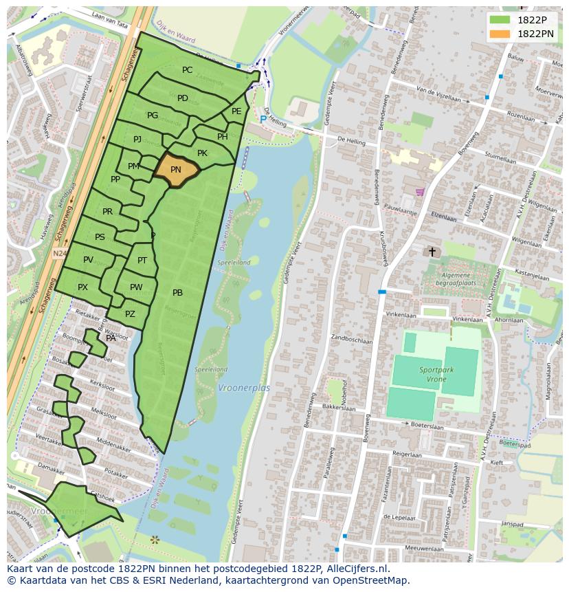Afbeelding van het postcodegebied 1822 PN op de kaart.
