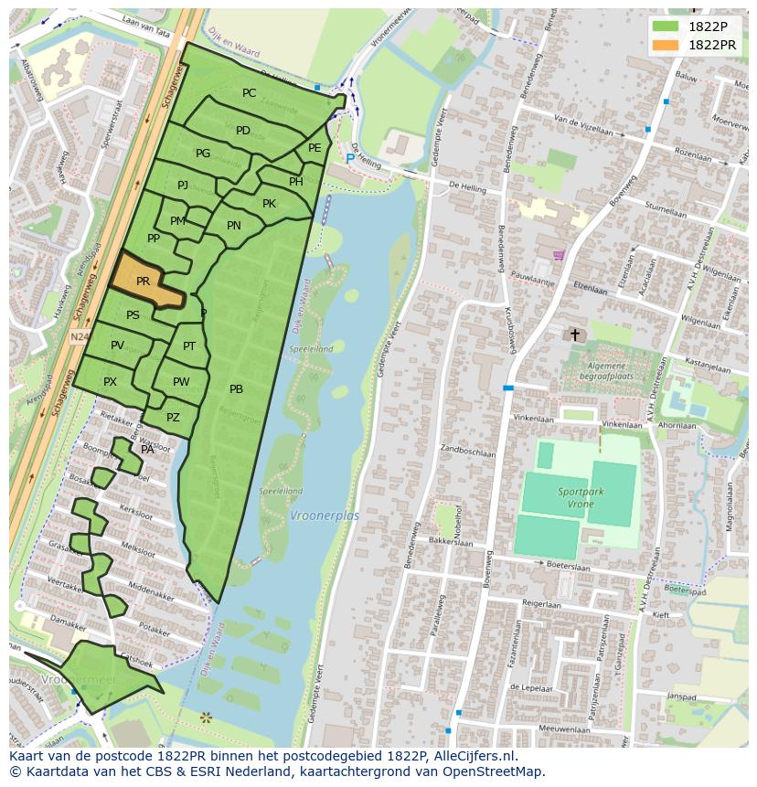 Afbeelding van het postcodegebied 1822 PR op de kaart.