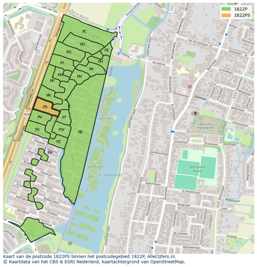 Afbeelding van het postcodegebied 1822 PS op de kaart.