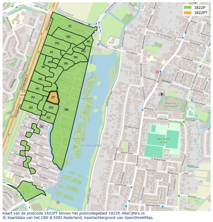 Afbeelding van het postcodegebied 1822 PT op de kaart.