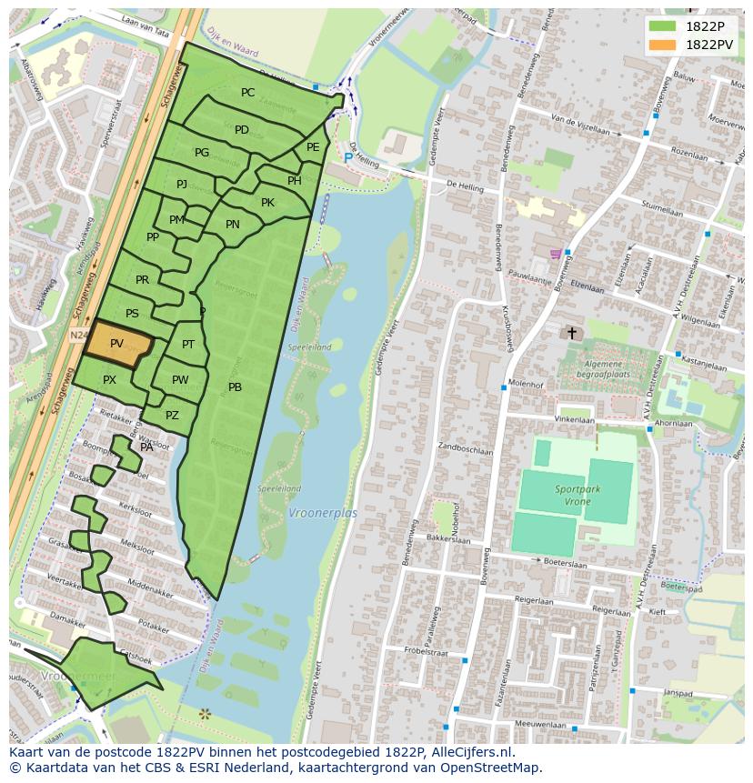 Afbeelding van het postcodegebied 1822 PV op de kaart.