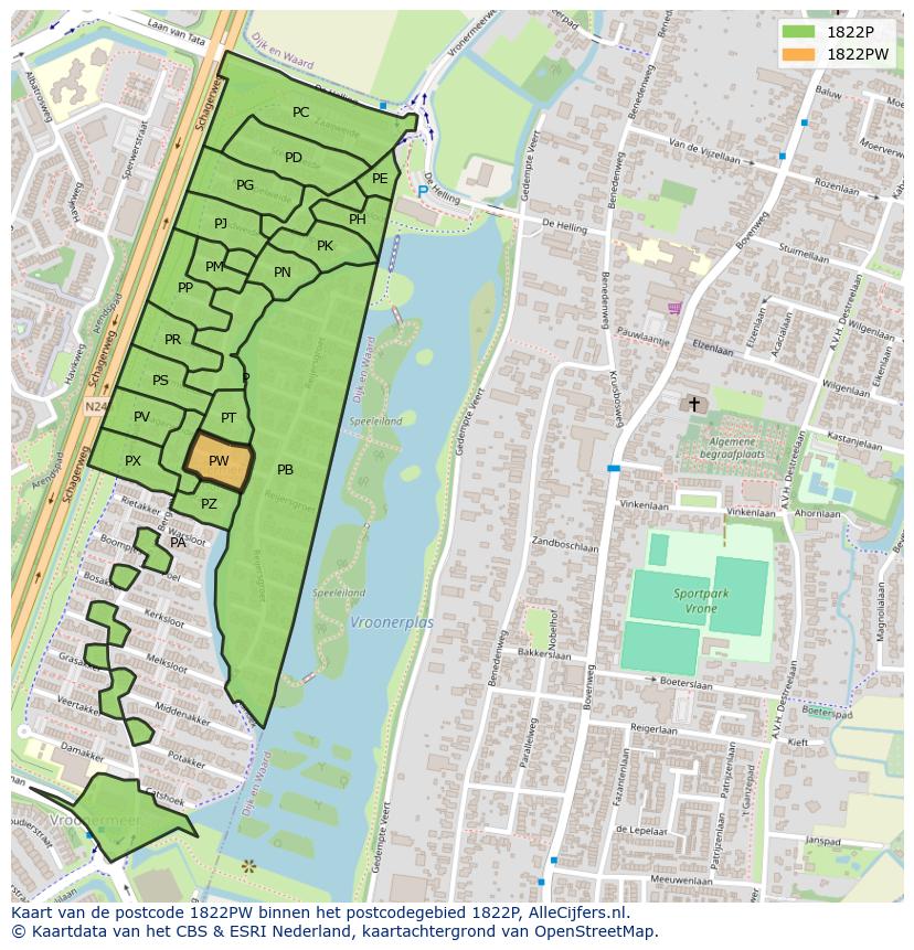 Afbeelding van het postcodegebied 1822 PW op de kaart.