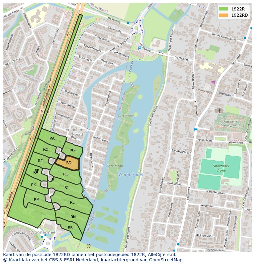 Afbeelding van het postcodegebied 1822 RD op de kaart.