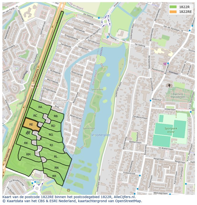 Afbeelding van het postcodegebied 1822 RE op de kaart.