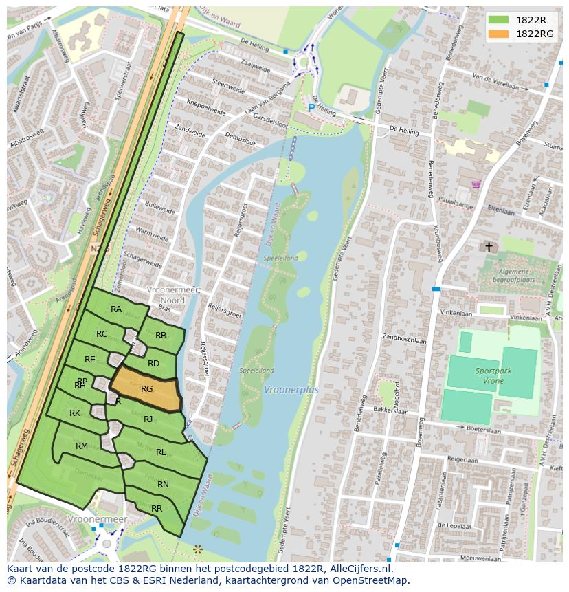 Afbeelding van het postcodegebied 1822 RG op de kaart.