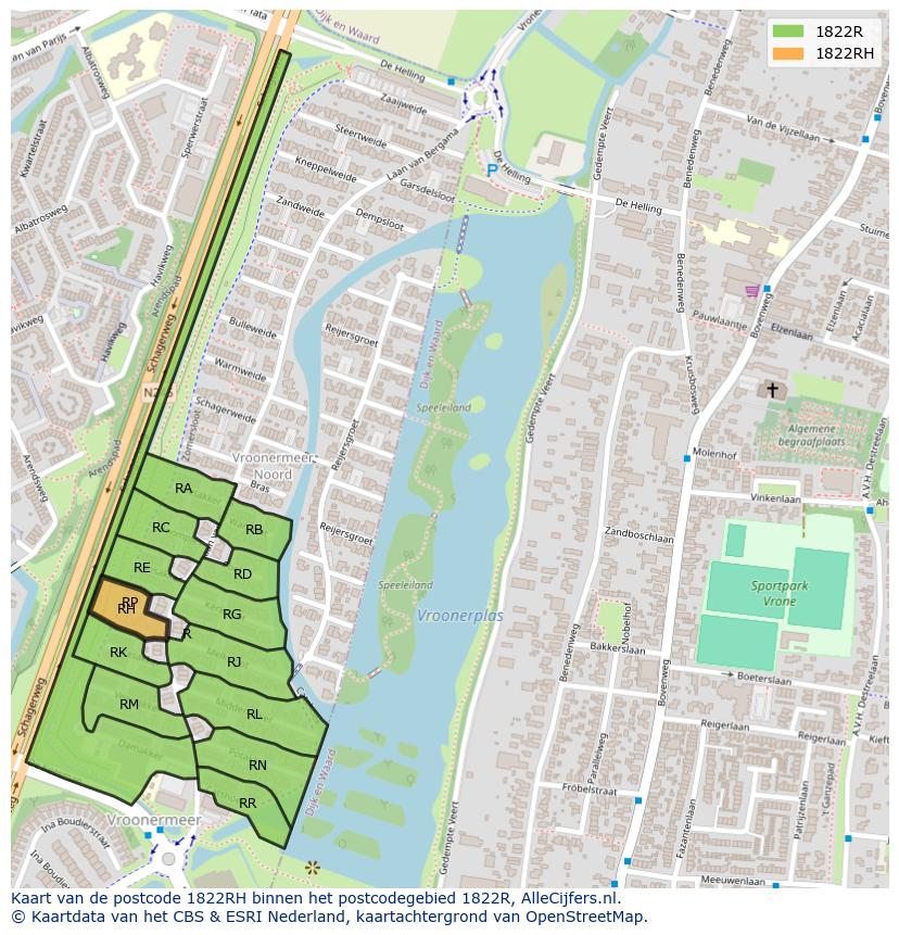 Afbeelding van het postcodegebied 1822 RH op de kaart.