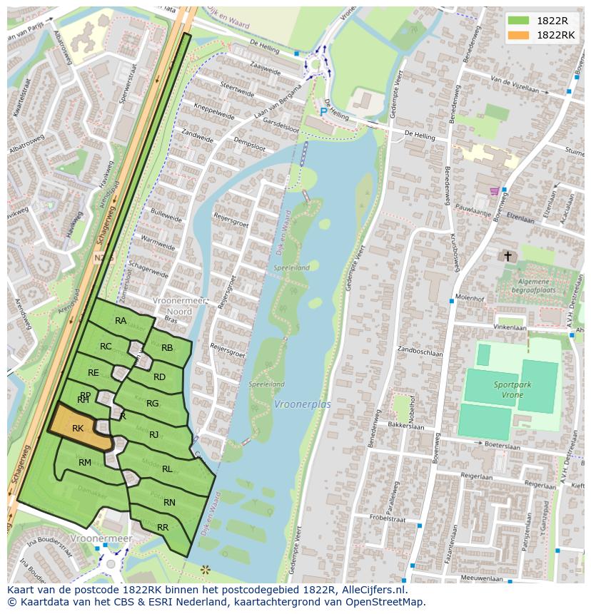 Afbeelding van het postcodegebied 1822 RK op de kaart.