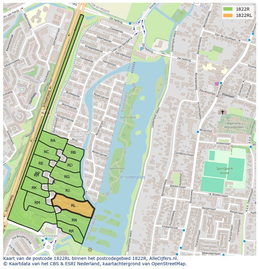 Afbeelding van het postcodegebied 1822 RL op de kaart.