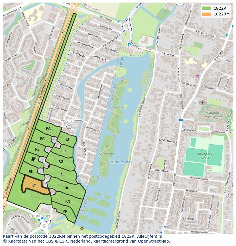 Afbeelding van het postcodegebied 1822 RM op de kaart.