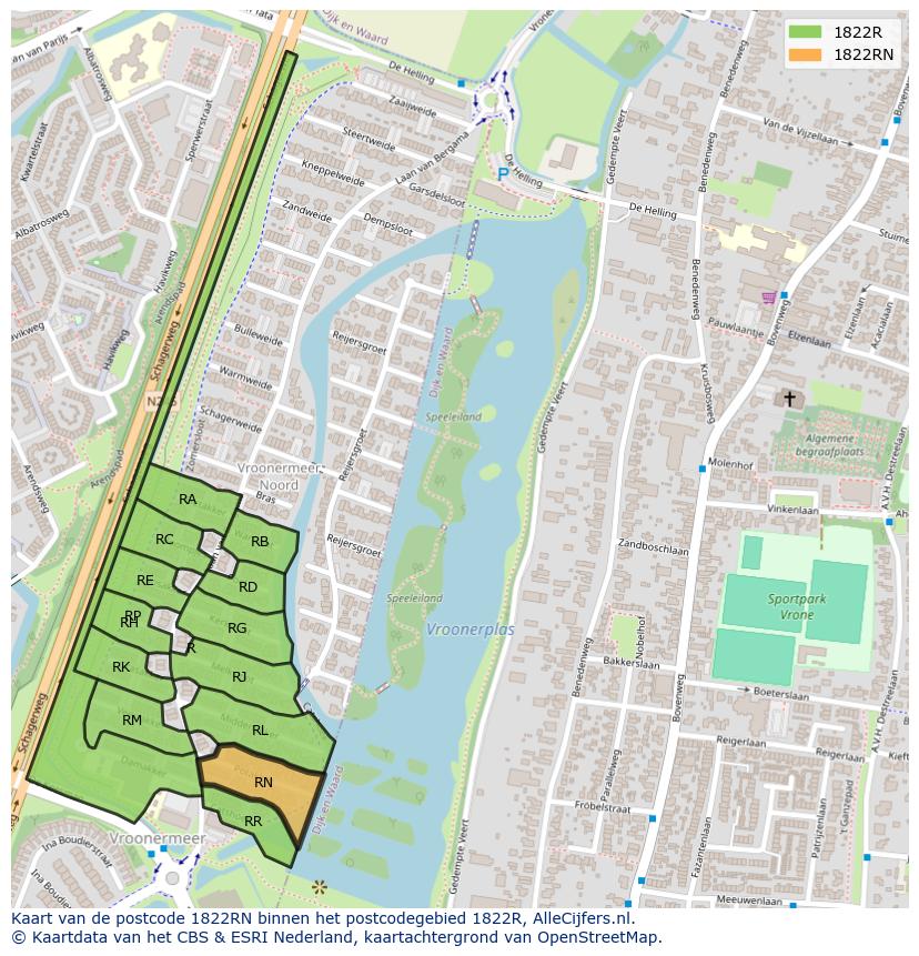 Afbeelding van het postcodegebied 1822 RN op de kaart.