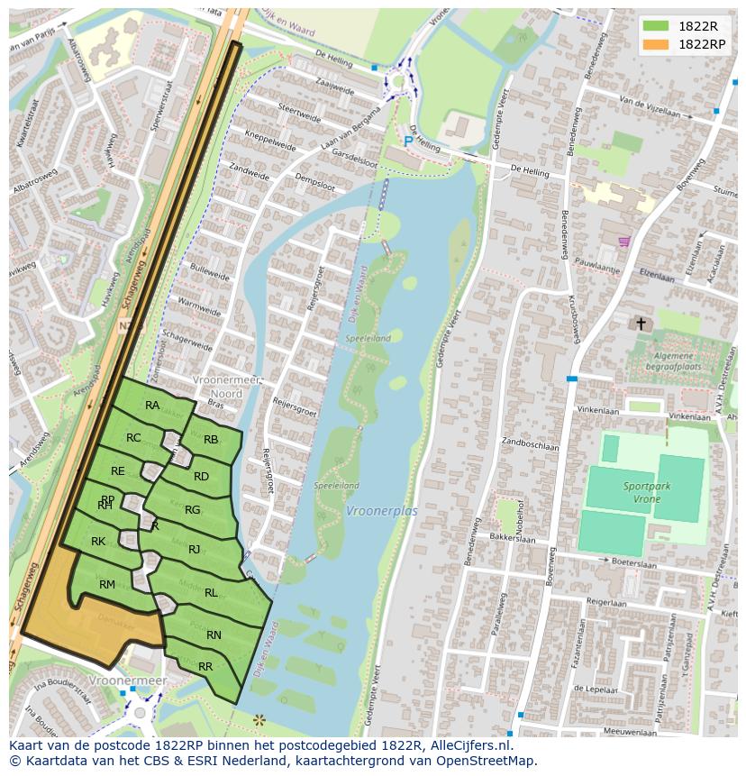 Afbeelding van het postcodegebied 1822 RP op de kaart.