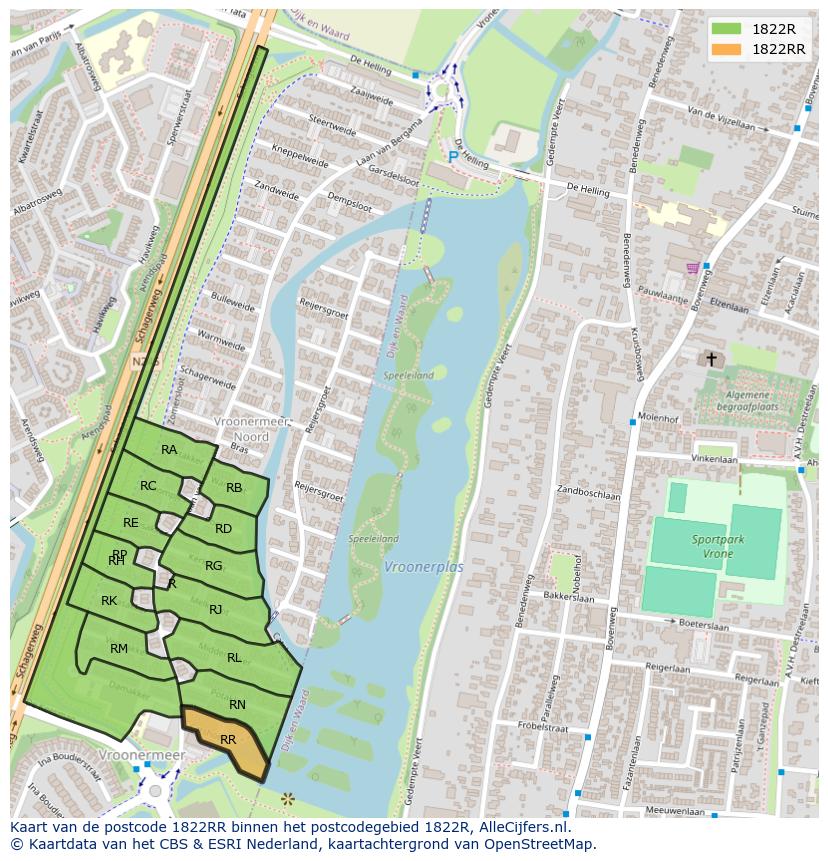 Afbeelding van het postcodegebied 1822 RR op de kaart.