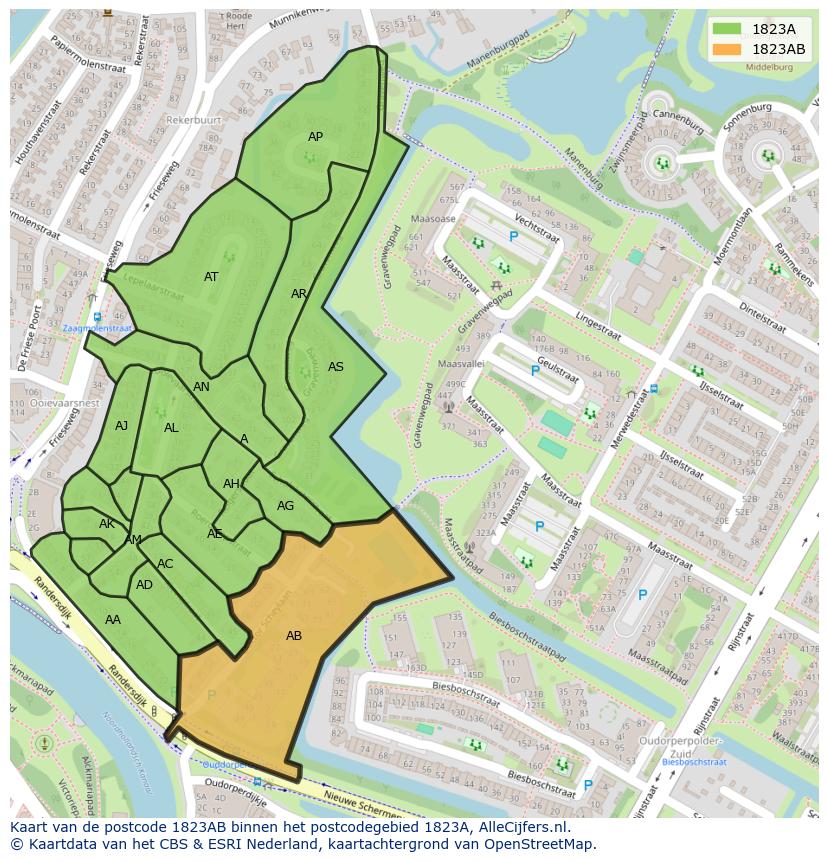 Afbeelding van het postcodegebied 1823 AB op de kaart.