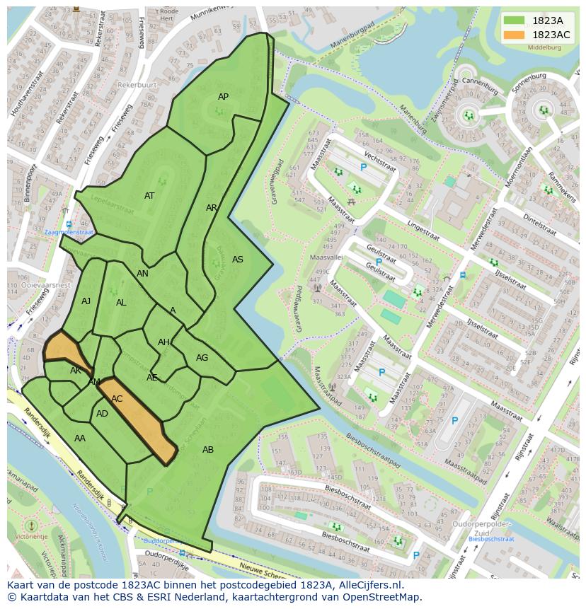 Afbeelding van het postcodegebied 1823 AC op de kaart.