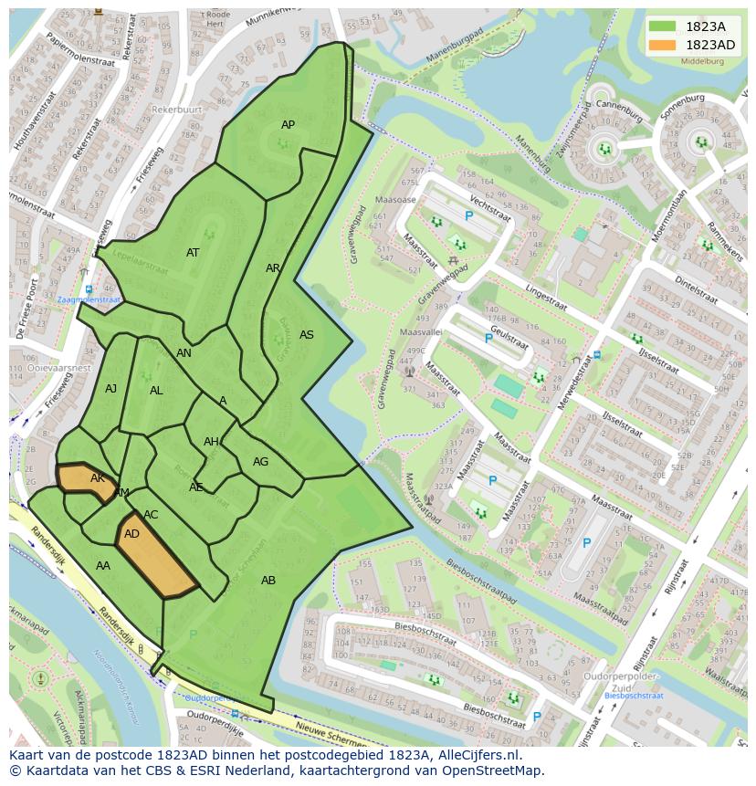Afbeelding van het postcodegebied 1823 AD op de kaart.