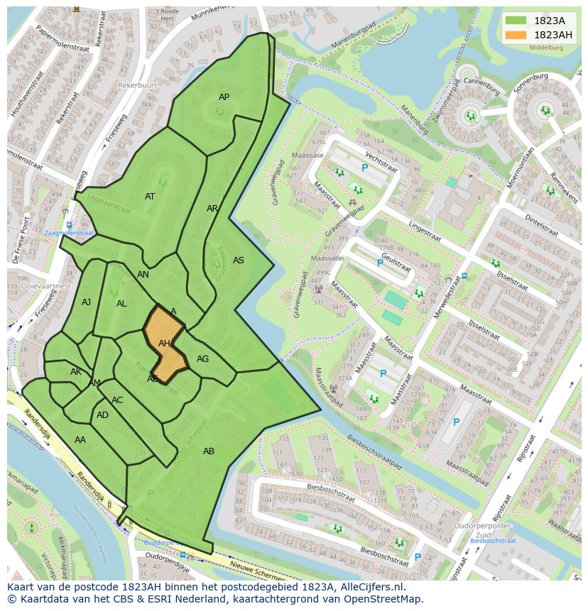 Afbeelding van het postcodegebied 1823 AH op de kaart.