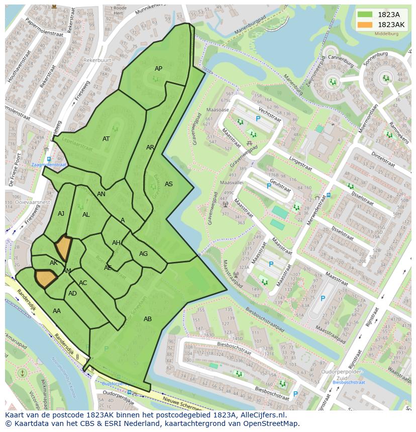 Afbeelding van het postcodegebied 1823 AK op de kaart.