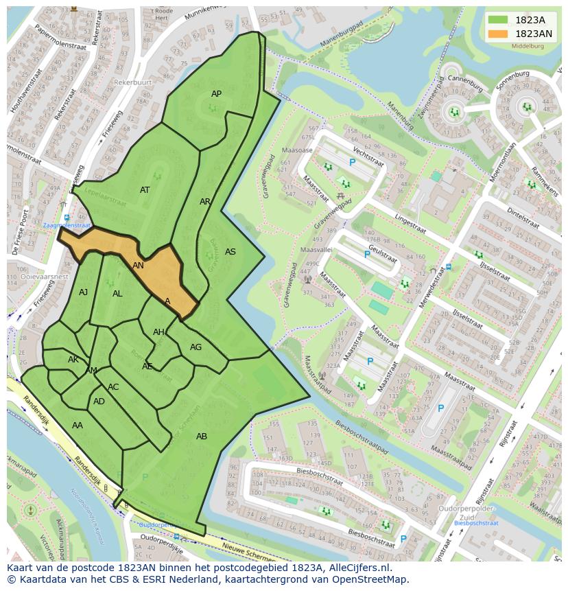 Afbeelding van het postcodegebied 1823 AN op de kaart.