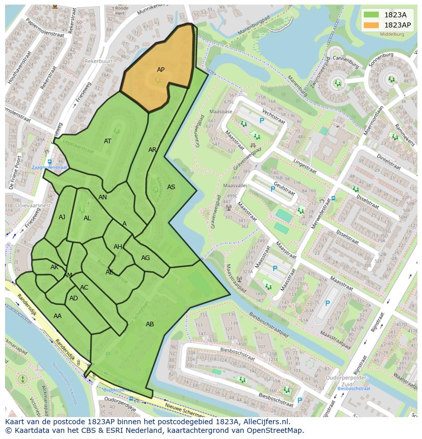Afbeelding van het postcodegebied 1823 AP op de kaart.
