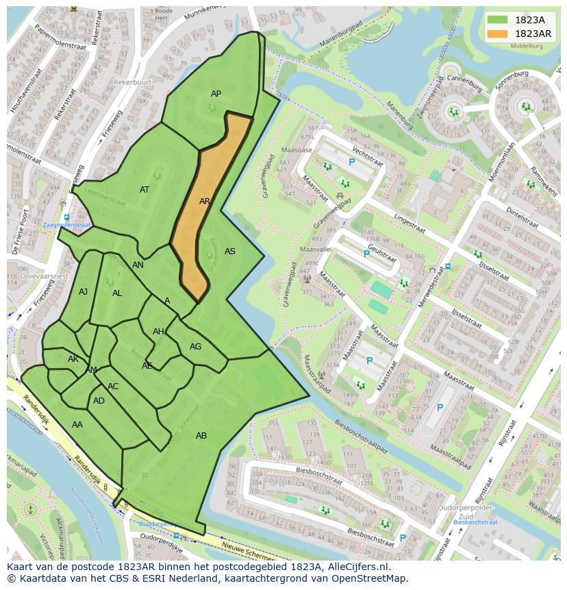 Afbeelding van het postcodegebied 1823 AR op de kaart.