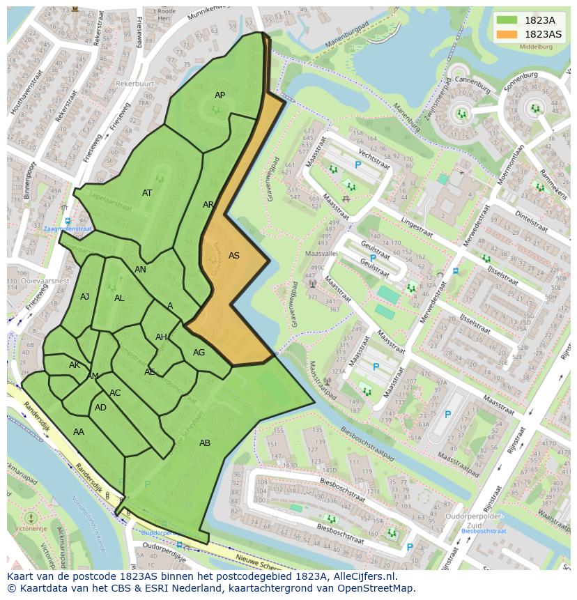 Afbeelding van het postcodegebied 1823 AS op de kaart.