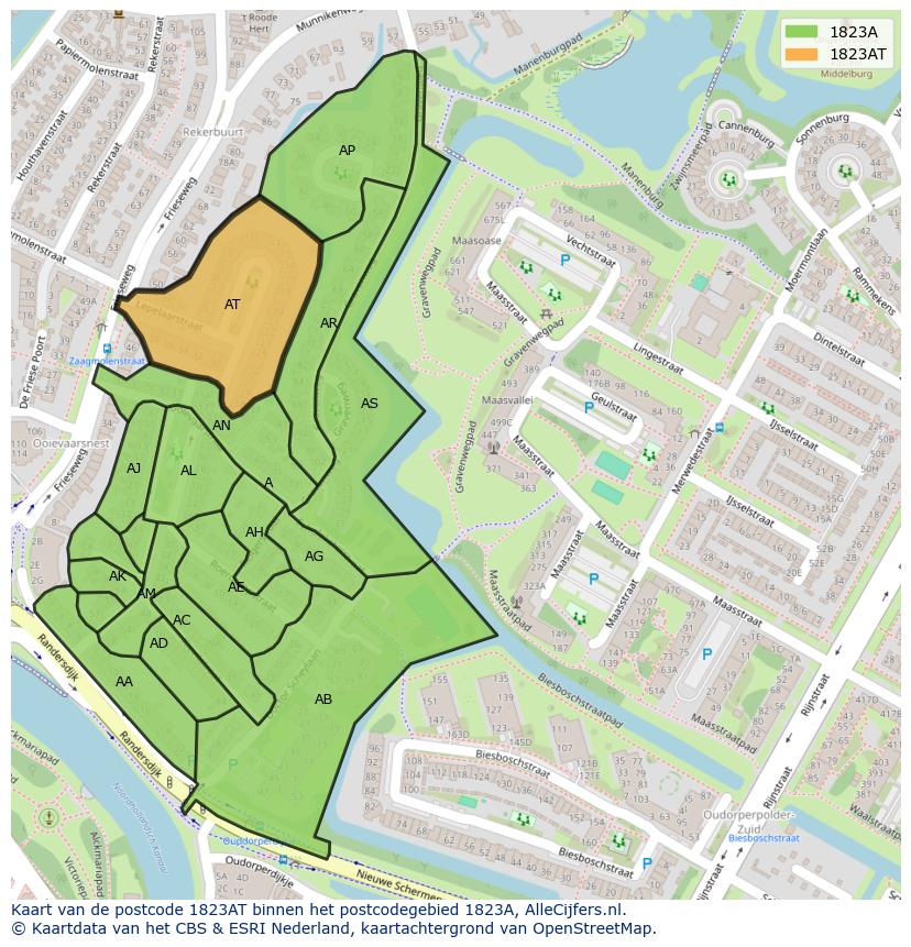 Afbeelding van het postcodegebied 1823 AT op de kaart.